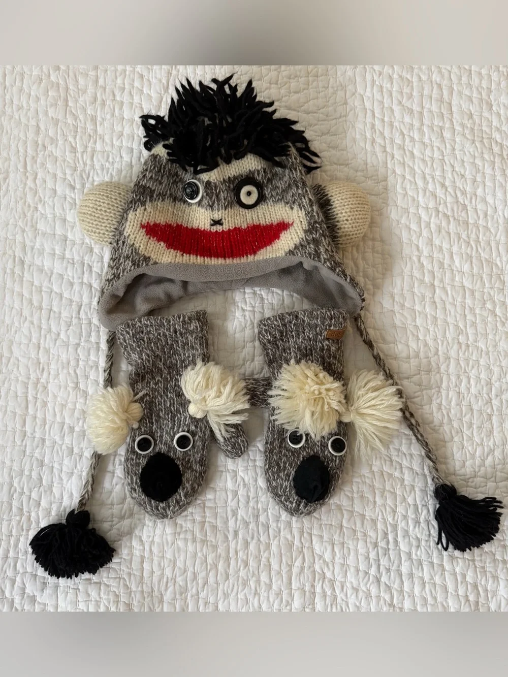 deLux Brand Adult Sock Monkey Knit Hat With Ear Flaps and Mittens Set